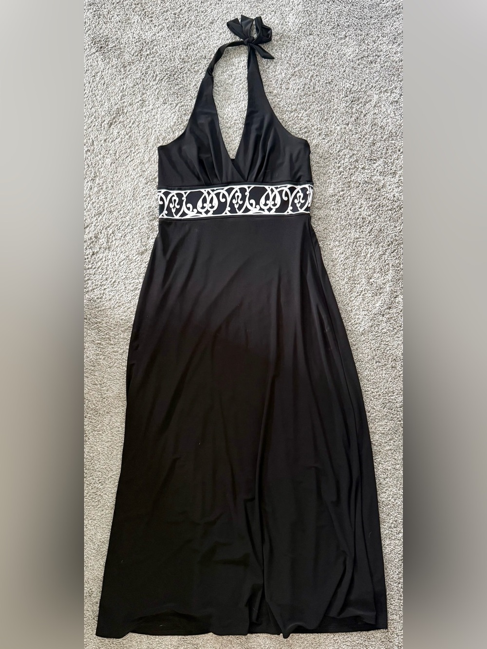 White House Black Market Black Halter Maxi with White Embroidered Waistband (L)